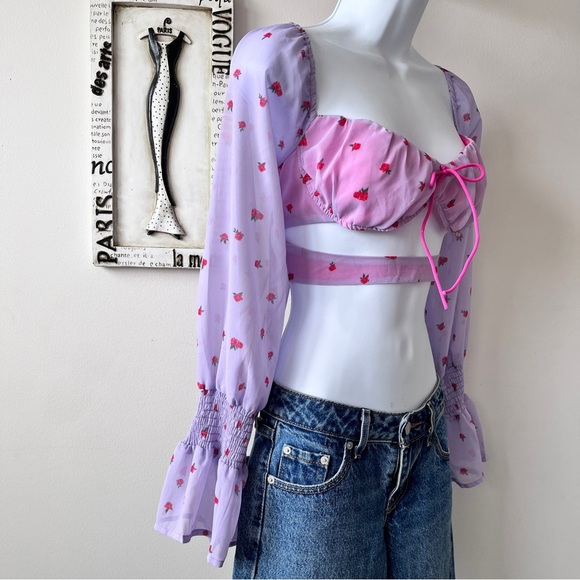 Glamaker Girlhood Purple Red Floral Print Corset Long Sleeve Crop Top Size L - Picture 4 of 9